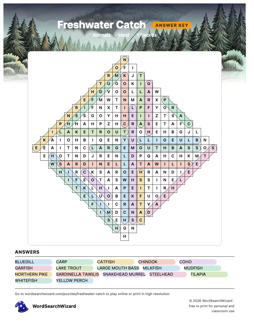 Freshwater Catch word search answer key, all 17 words marked