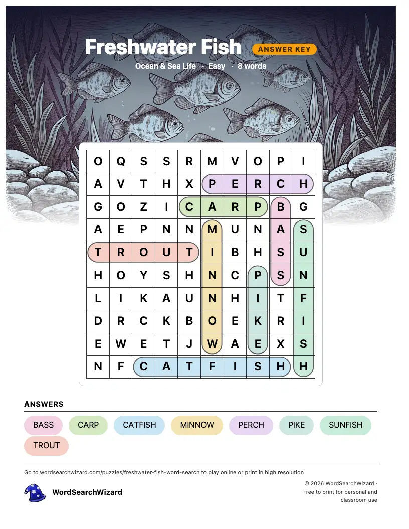 Freshwater Fish word search answer key, all 8 words marked
