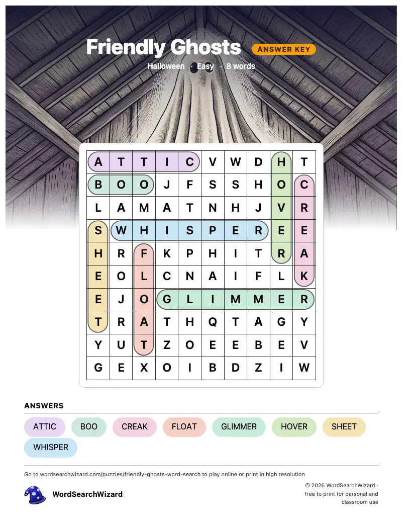 Friendly Ghosts word search answer key, all 8 words marked
