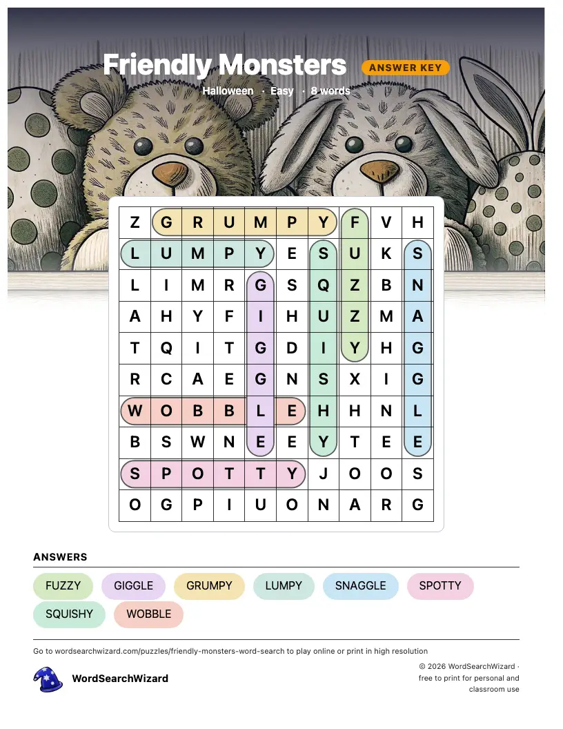 Friendly Monsters word search answer key, all 8 words marked