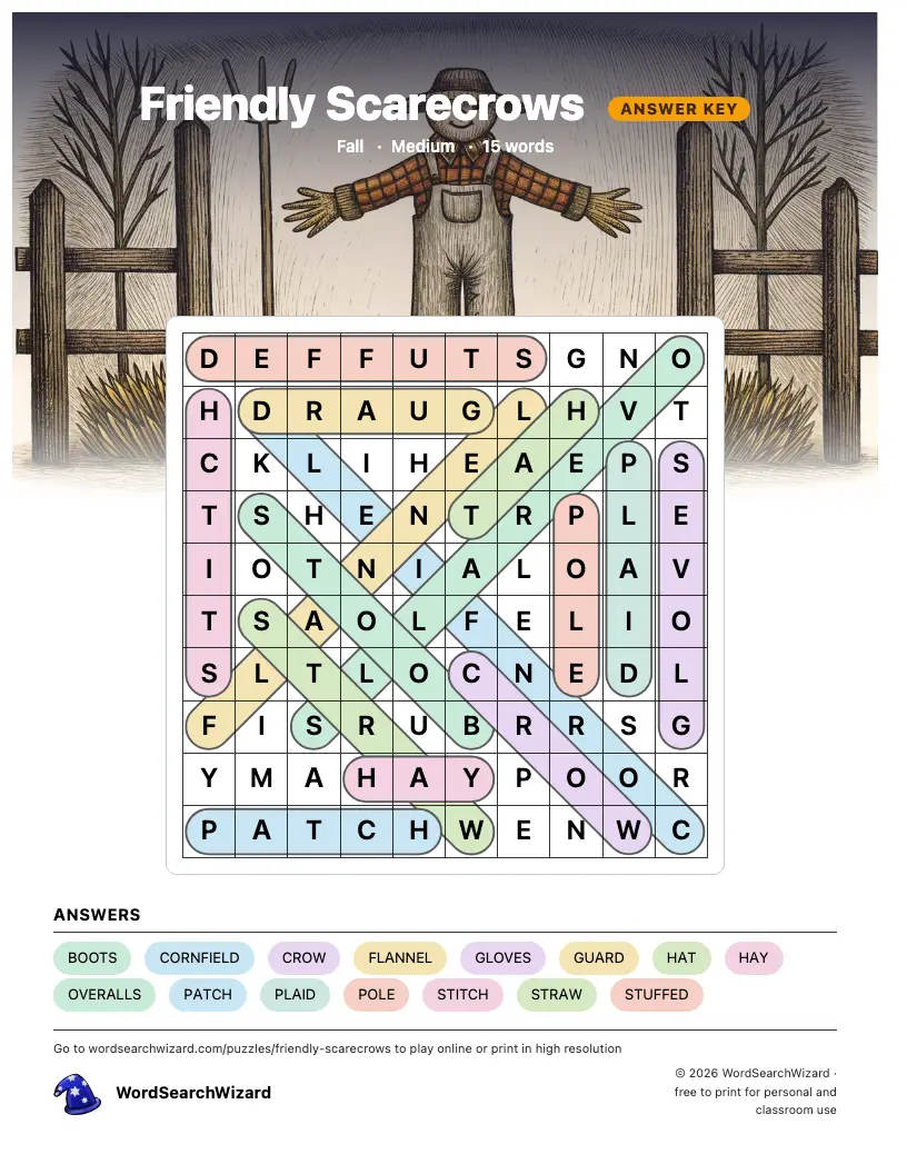 Friendly Scarecrows word search answer key, all 15 words marked