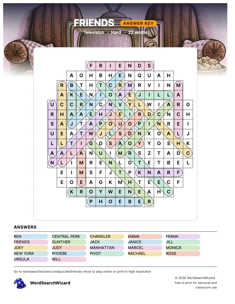 FRIENDS word search answer key, all 22 words marked