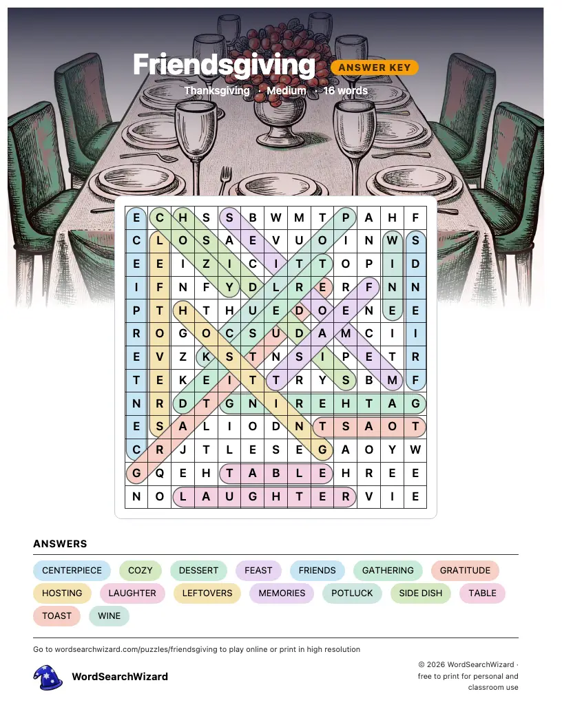 Friendsgiving word search answer key, all 16 words marked