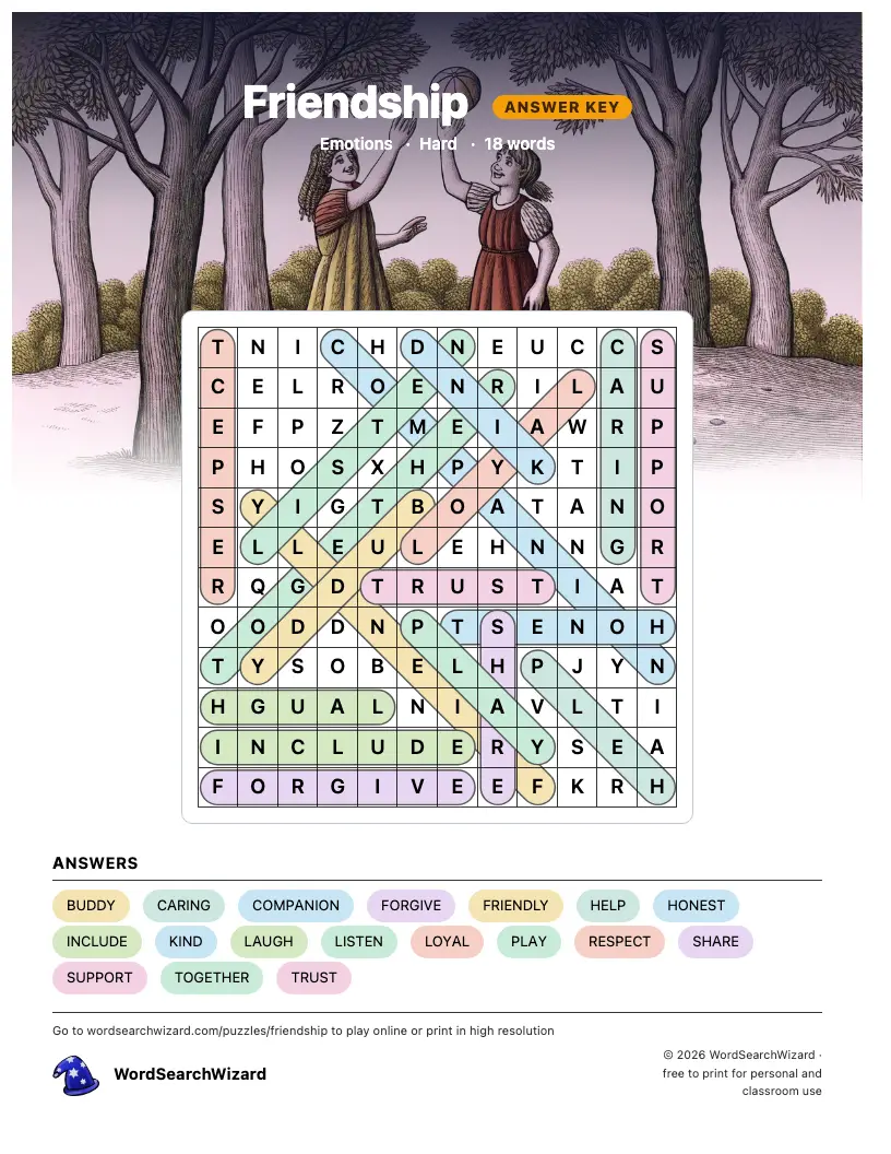 Friendship word search answer key, all 18 words marked