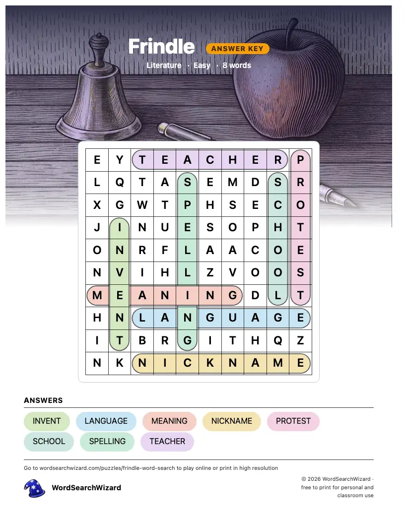 Frindle word search answer key, all 8 words marked