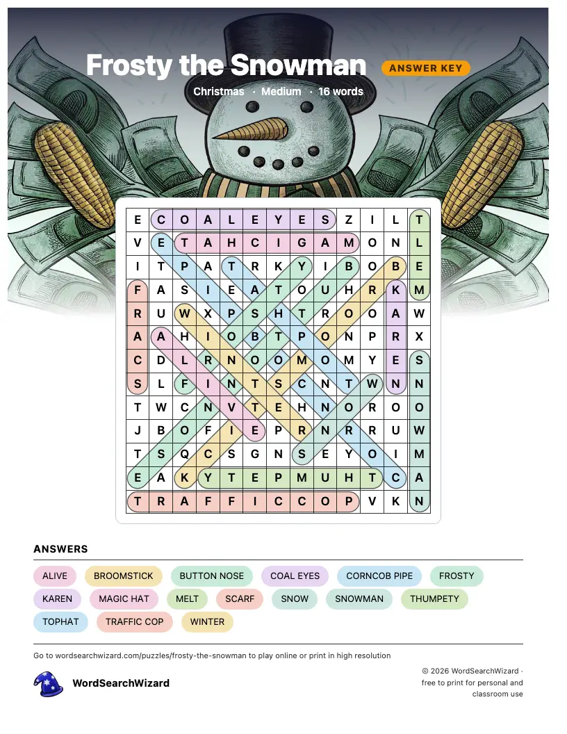 Frosty the Snowman word search answer key, all 16 words marked