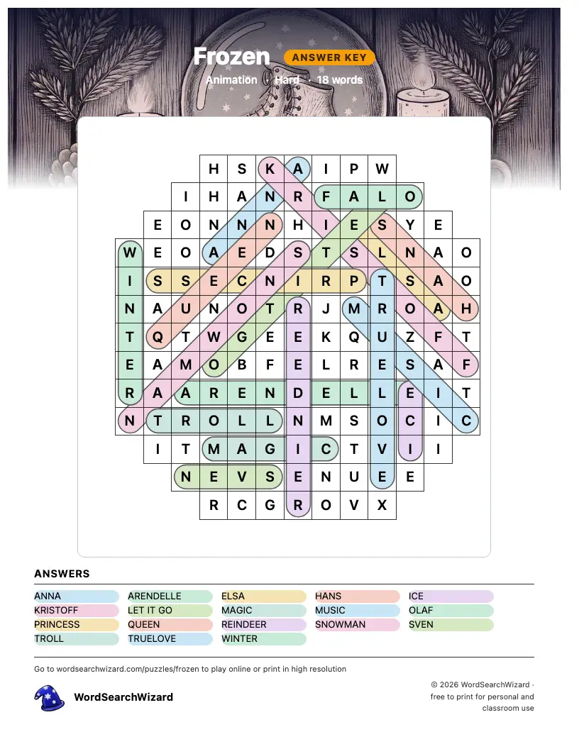 Frozen word search answer key, all 18 words marked