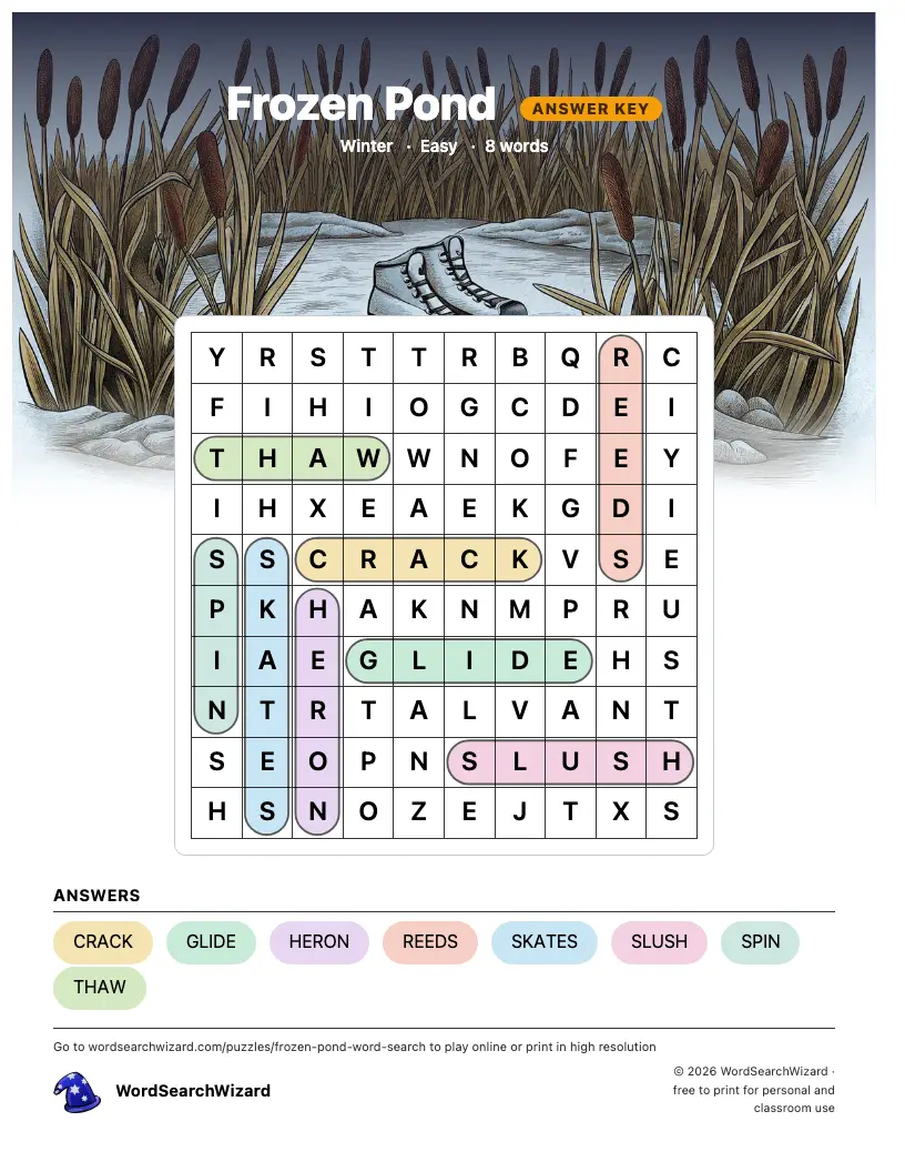 Frozen Pond word search answer key, all 8 words marked