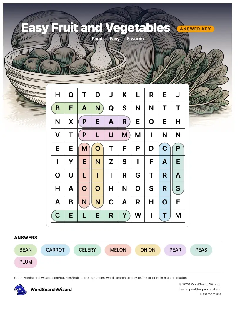 Easy Fruit and Vegetables word search answer key, all 8 words marked