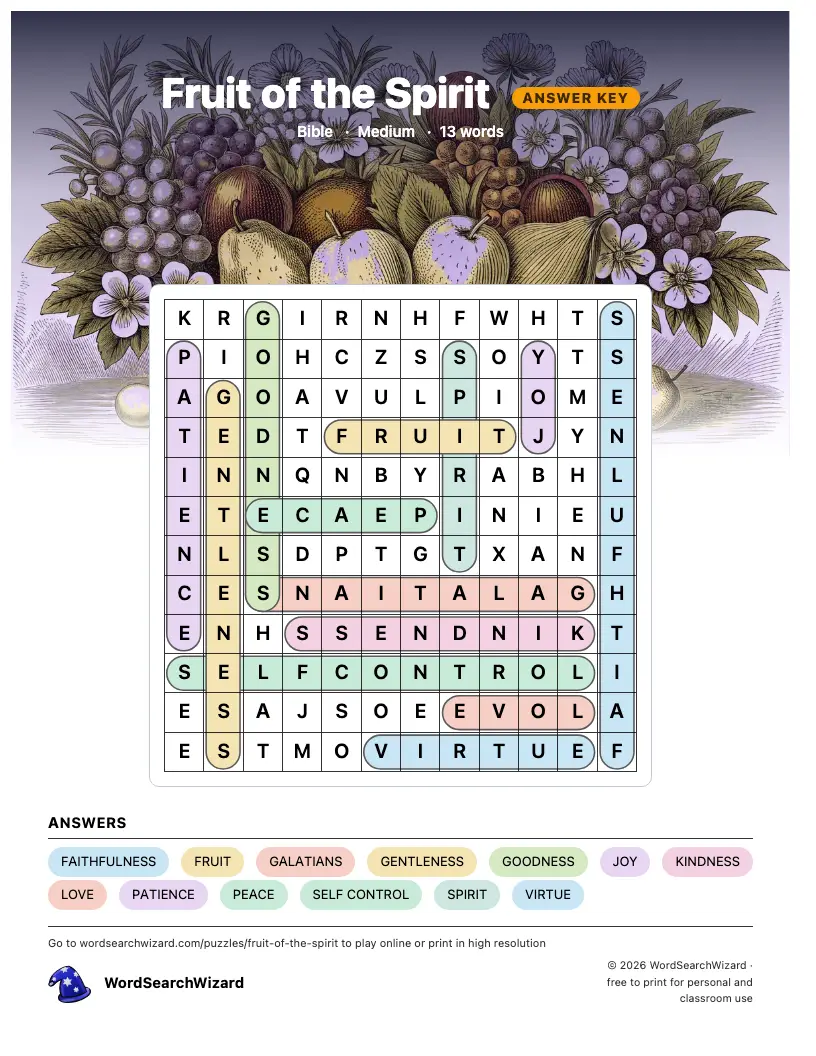 Fruit of the Spirit word search answer key, all 13 words marked