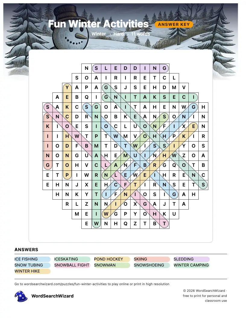 Fun Winter Activities word search answer key, all 11 words marked