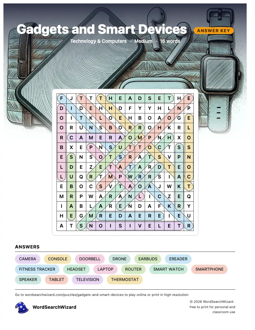 Gadgets and Smart Devices word search answer key, all 16 words marked