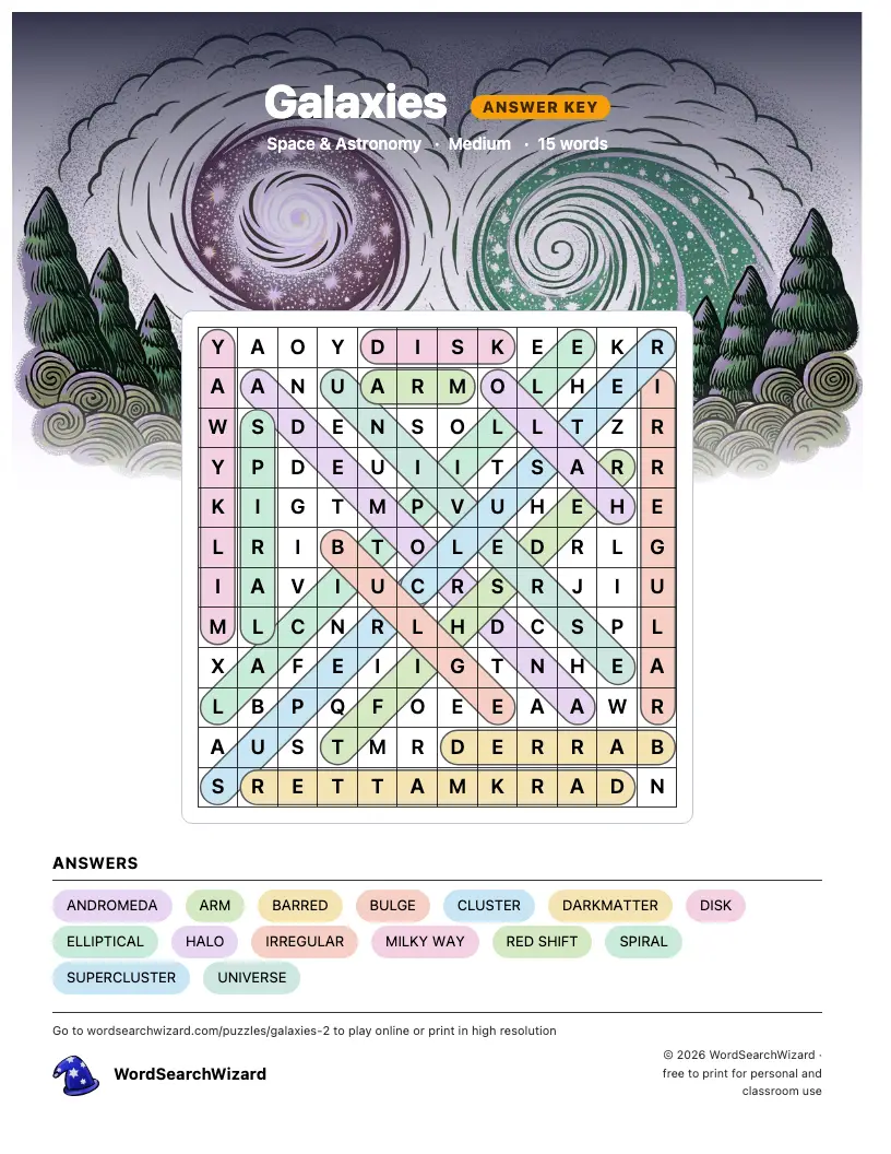 Galaxies word search answer key, all 15 words marked