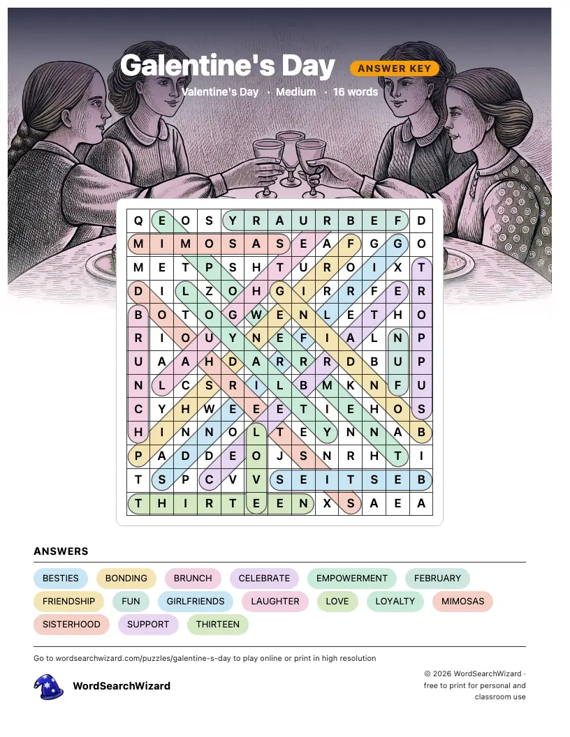 Galentine's Day word search answer key, all 16 words marked