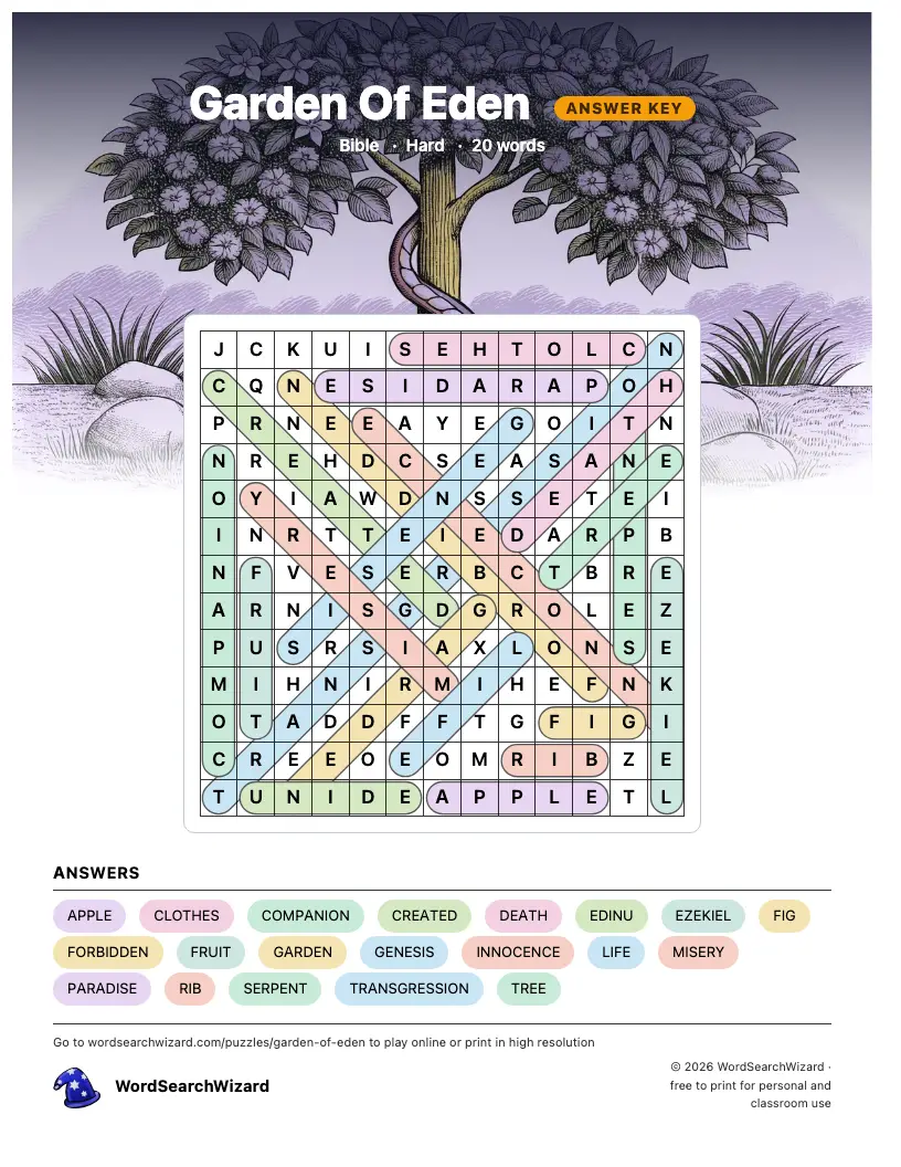 Garden Of Eden word search answer key, all 20 words marked