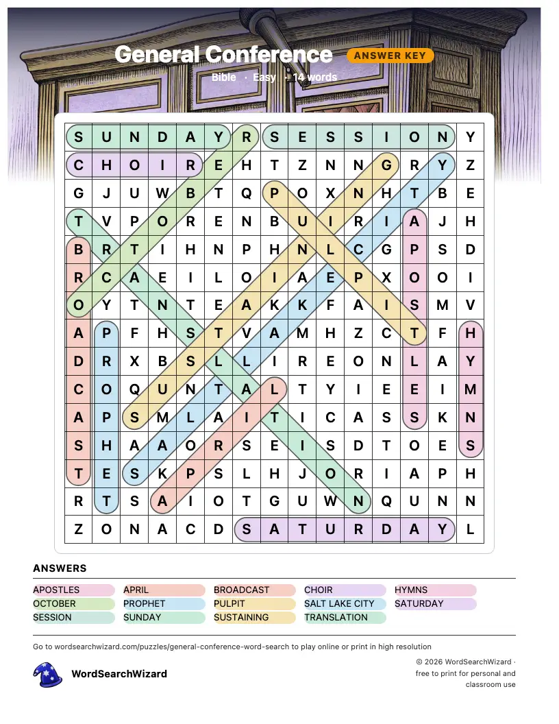 General Conference word search answer key, all 14 words marked