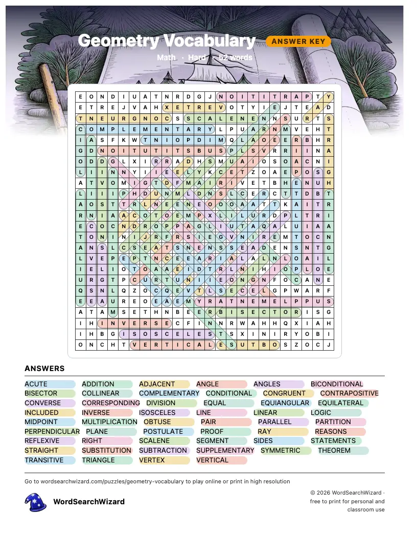Geometry Vocabulary word search answer key, all 52 words marked