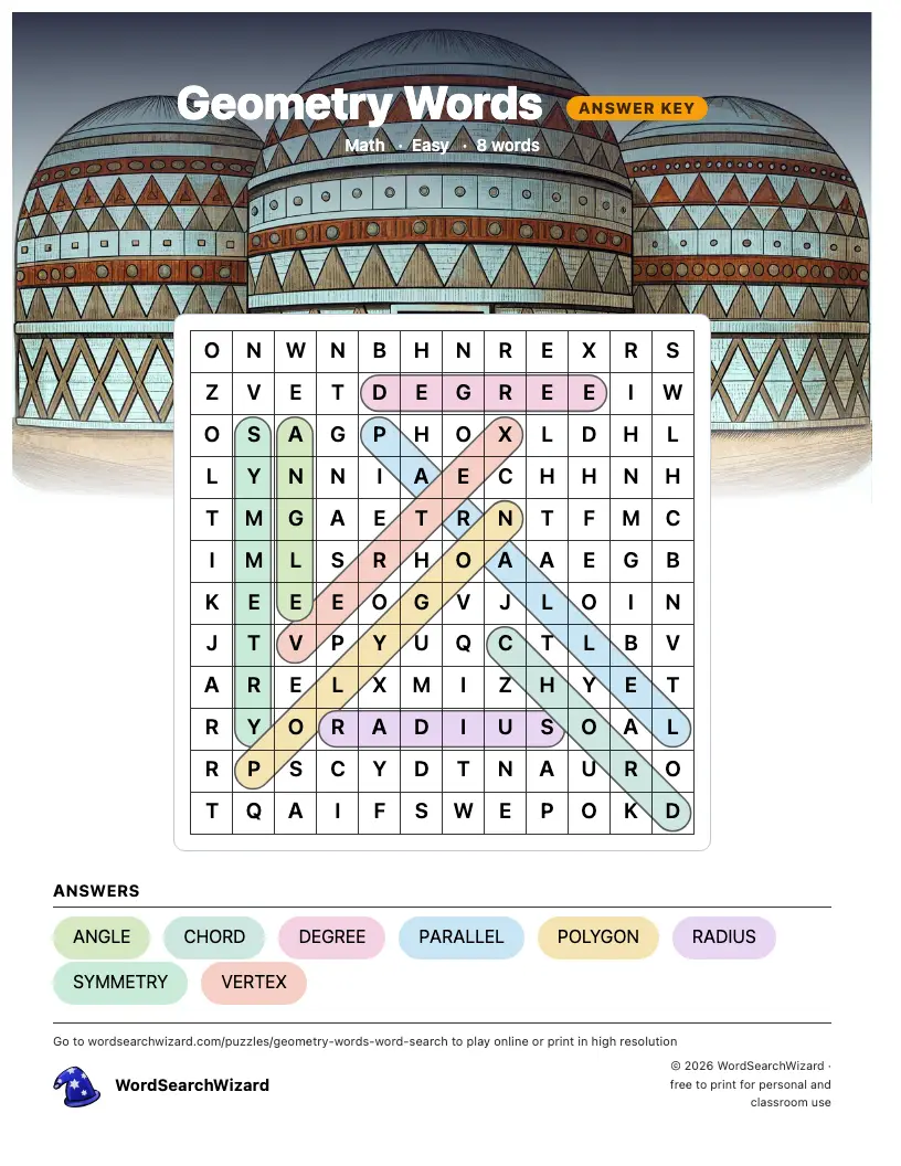 Geometry Words word search answer key, all 8 words marked
