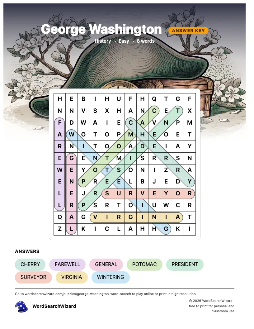 George Washington word search answer key, all 8 words marked
