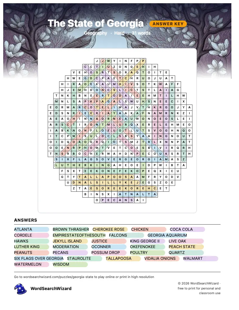 The State of Georgia word search answer key, all 31 words marked