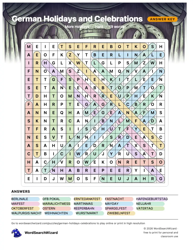 German Holidays and Celebrations word search answer key, all 19 words marked