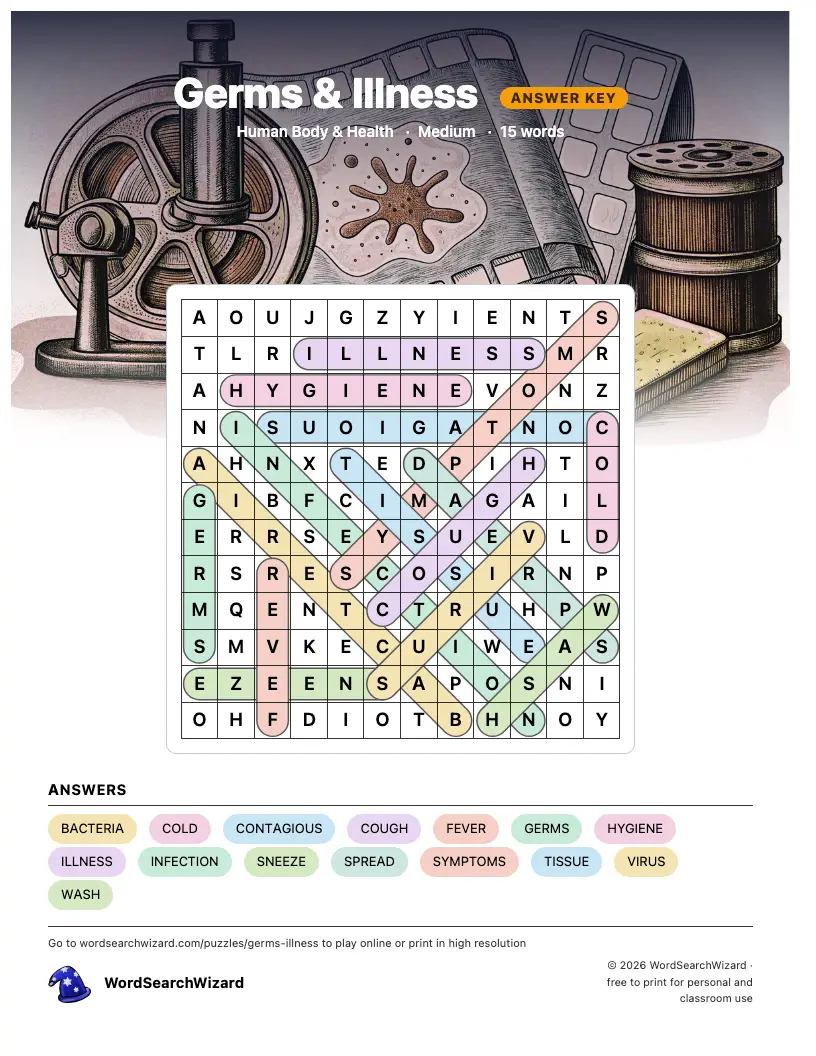 Germs & Illness word search answer key, all 15 words marked
