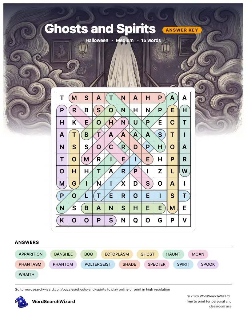 Ghosts and Spirits word search answer key, all 15 words marked