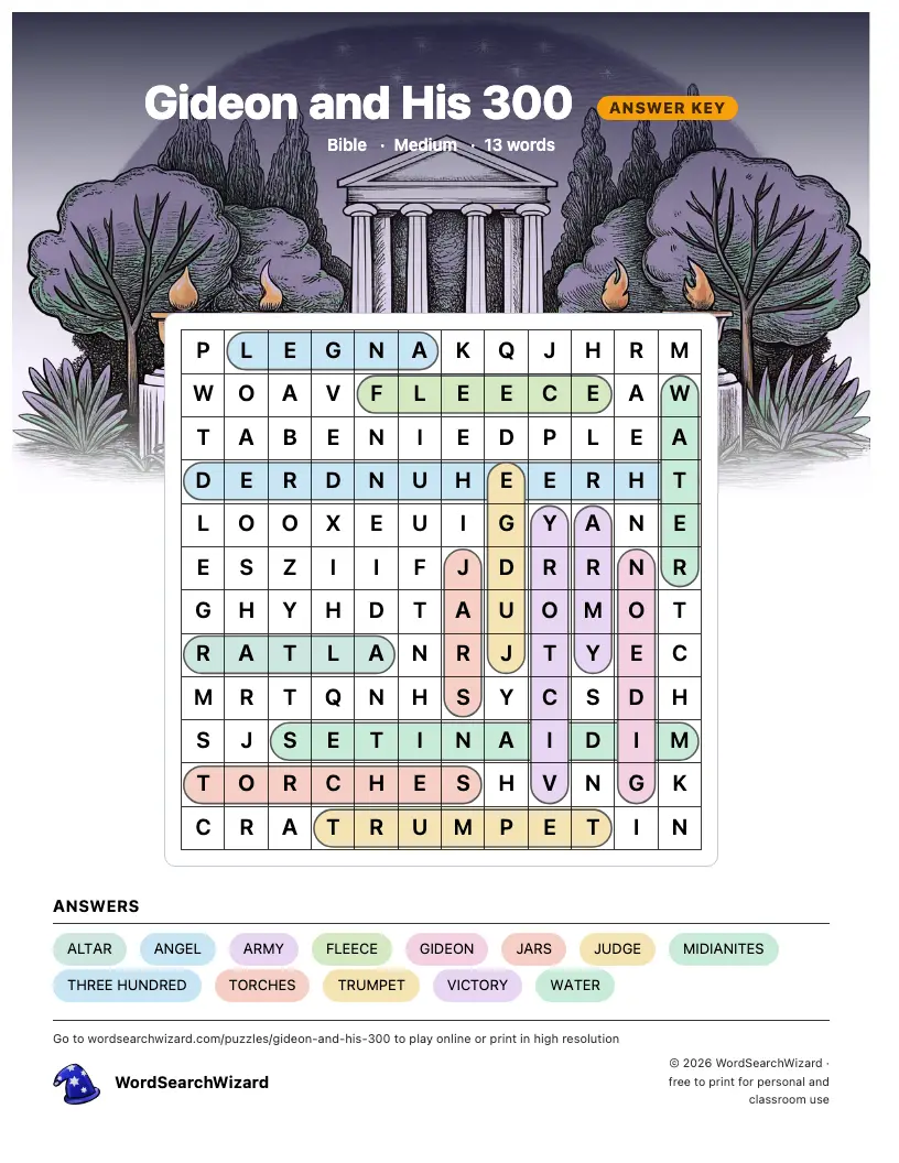 Gideon and His 300 word search answer key, all 13 words marked