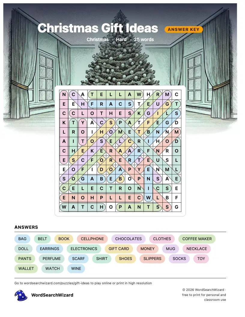 Christmas Gift Ideas word search answer key, all 25 words marked