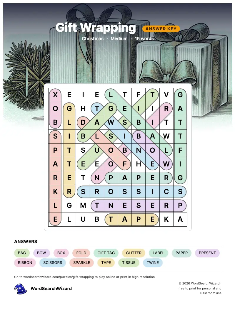 Gift Wrapping word search answer key, all 15 words marked