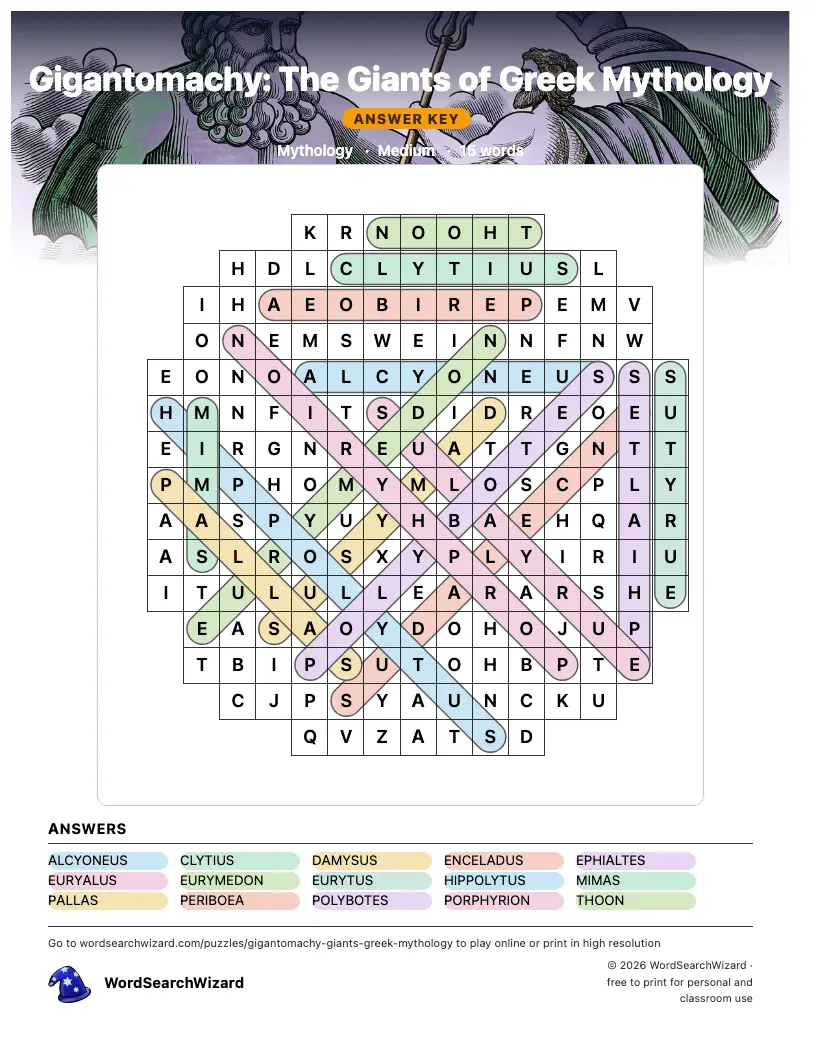 Gigantomachy: The Giants of Greek Mythology word search answer key, all 15 words marked