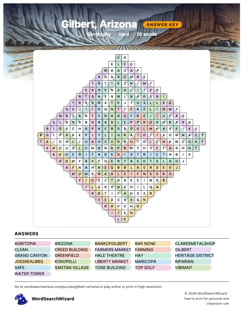 Gilbert, Arizona word search answer key, all 26 words marked