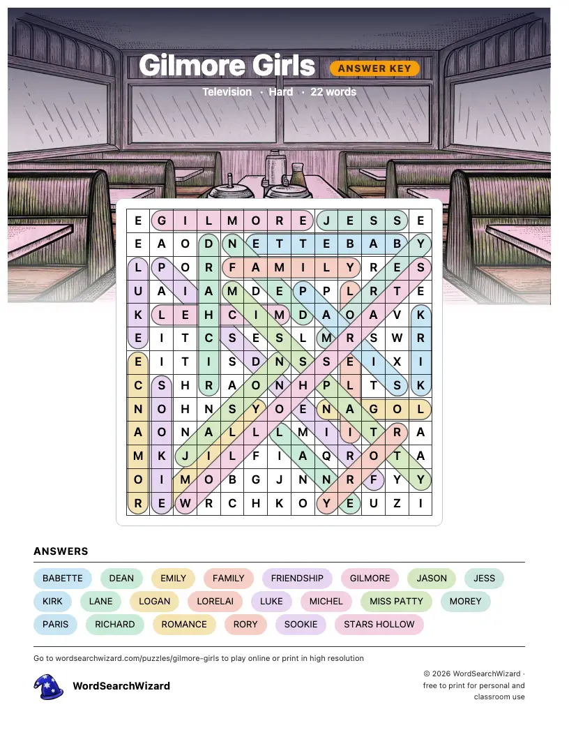 Gilmore Girls word search answer key, all 22 words marked