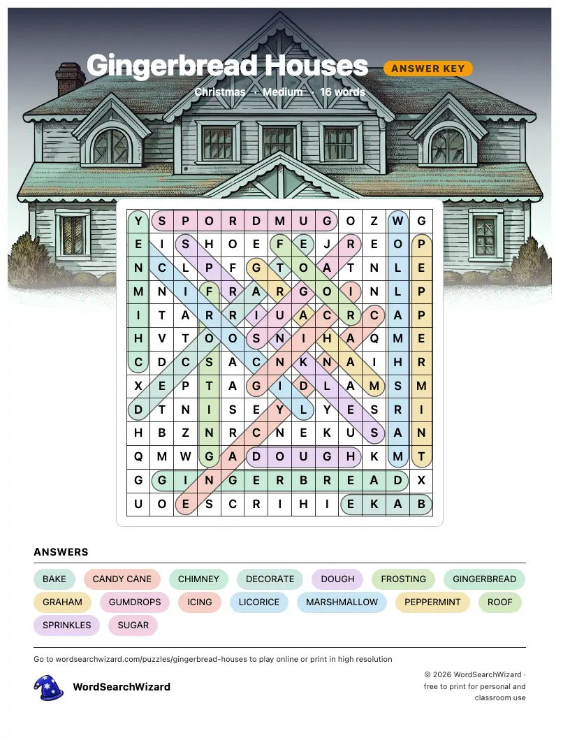 Gingerbread Houses word search answer key, all 16 words marked