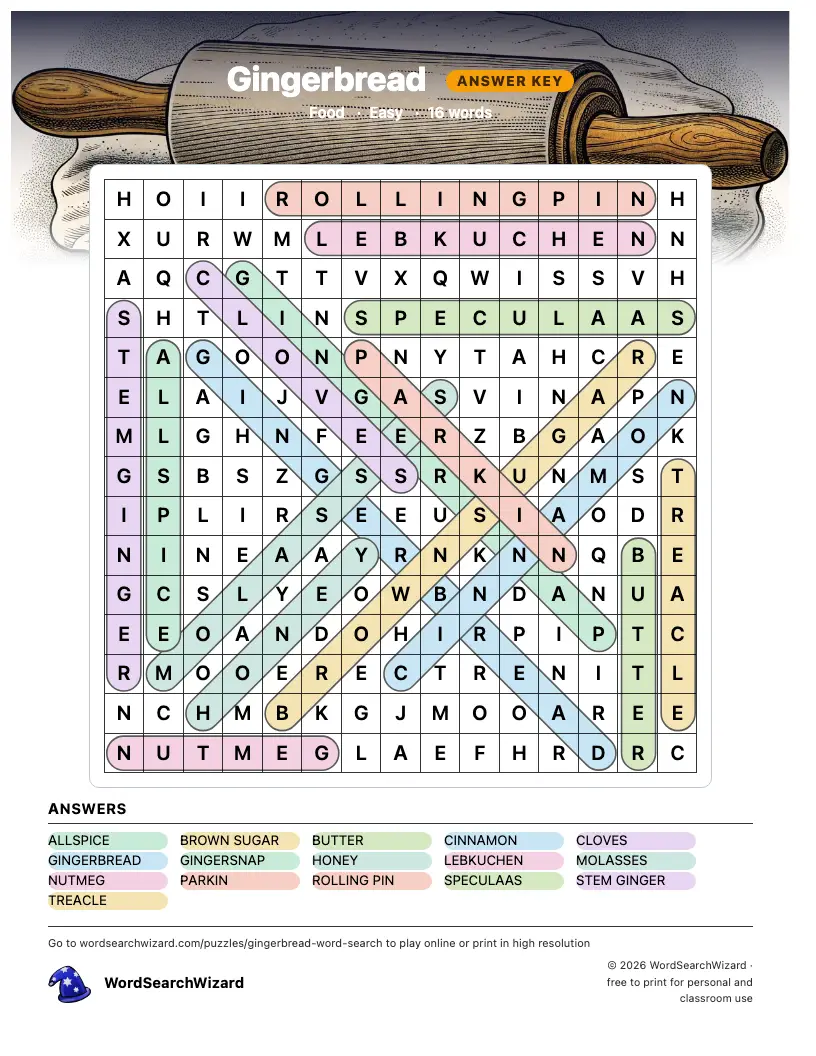 Gingerbread word search answer key, all 16 words marked