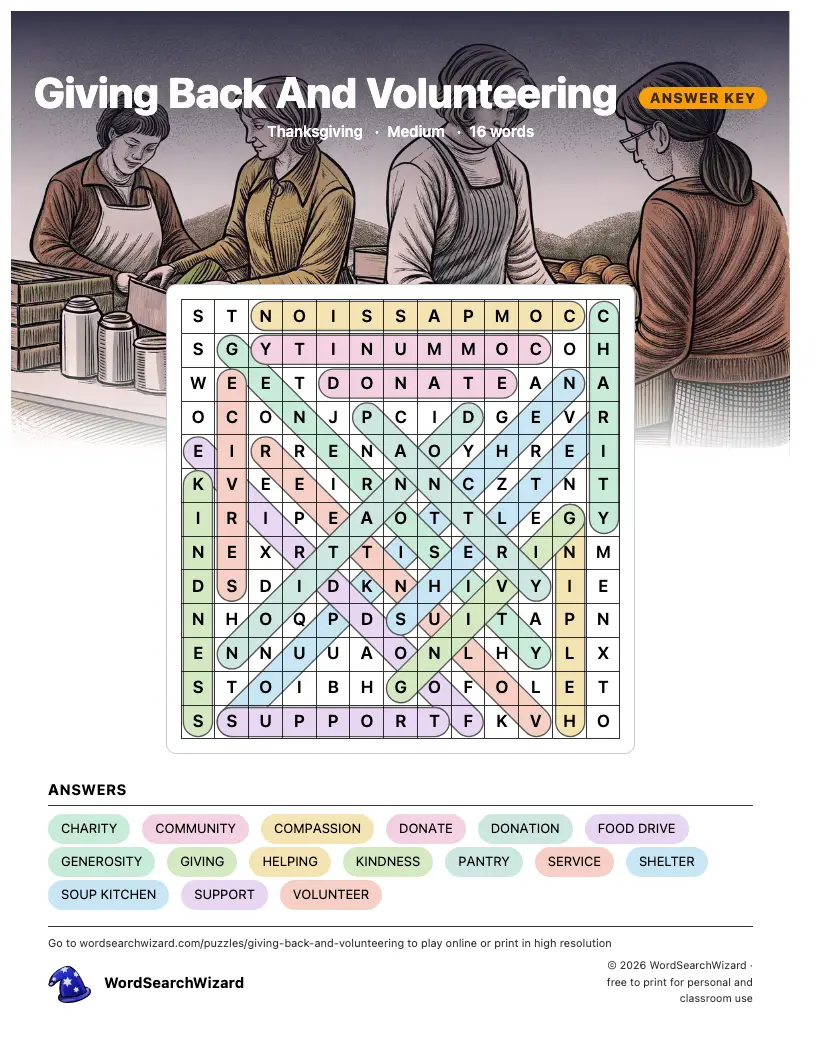 Giving Back And Volunteering word search answer key, all 16 words marked