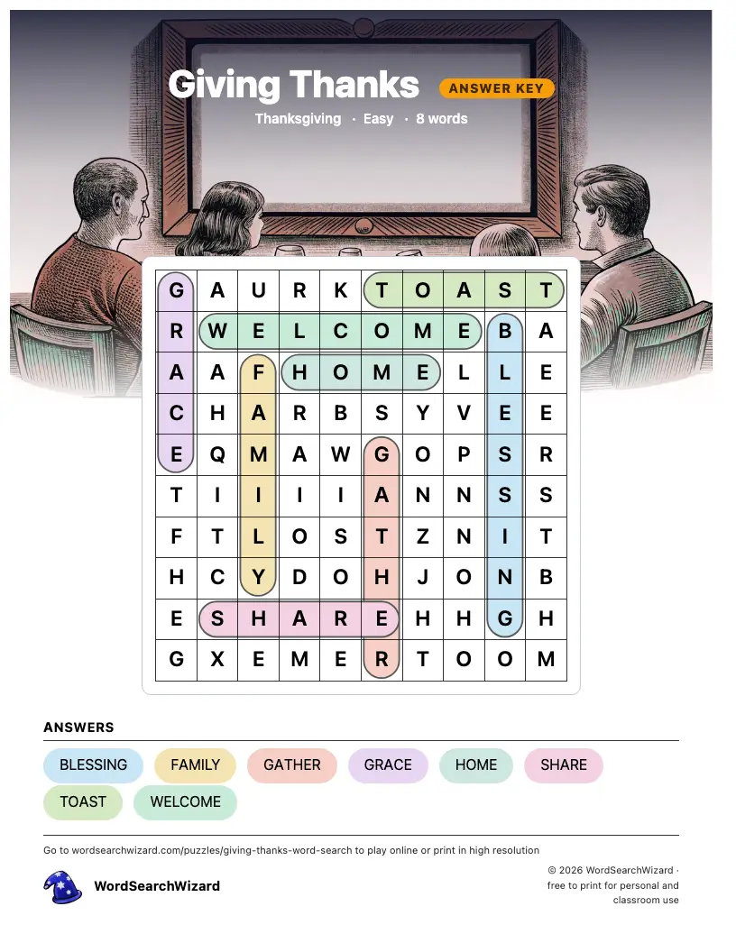 Giving Thanks word search answer key, all 8 words marked