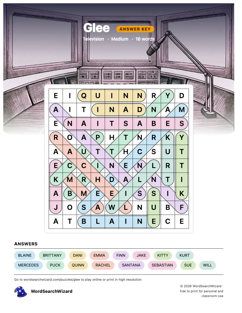 Glee word search answer key, all 16 words marked