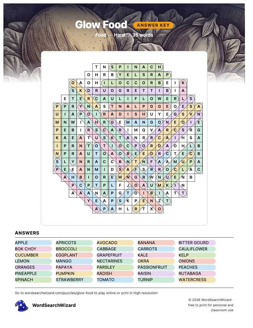 Glow Food word search answer key, all 35 words marked