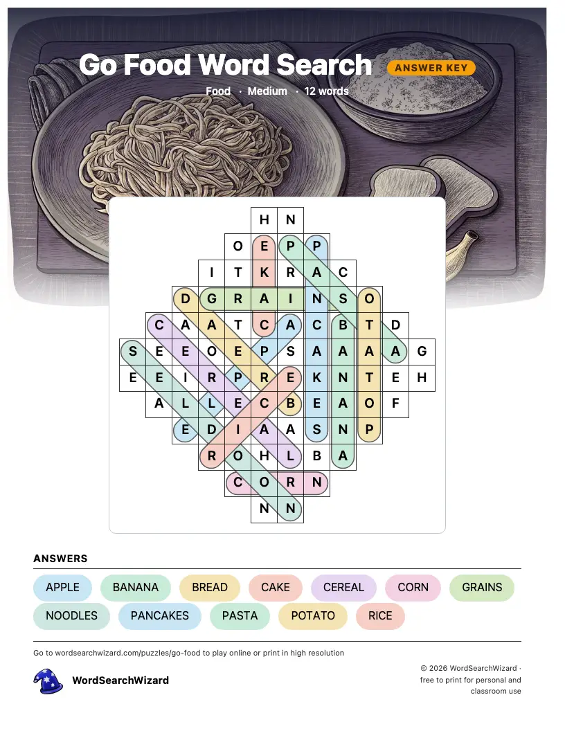 Go Food word search answer key, all 12 words marked