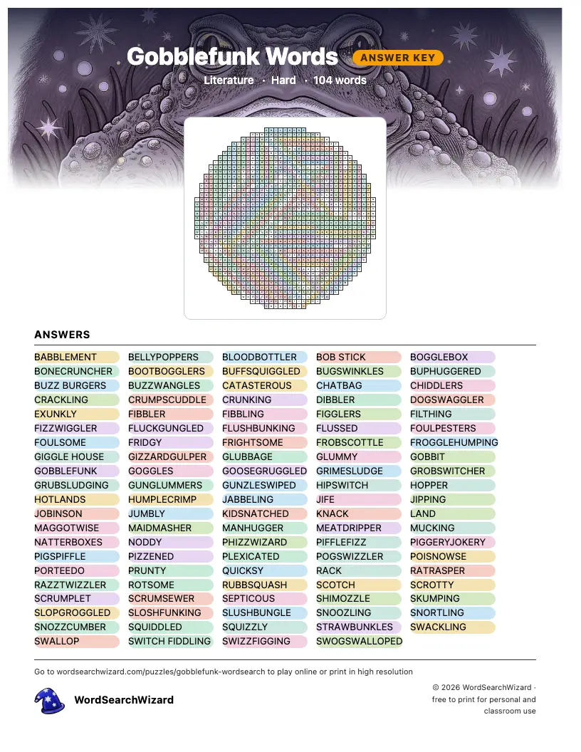 Gobblefunk Words word search answer key, all 104 words marked