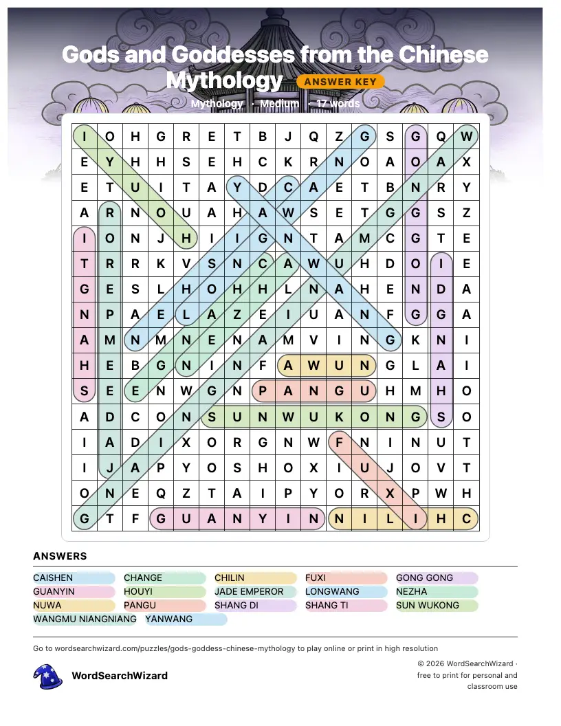 Gods and Goddesses from the Chinese Mythology word search answer key, all 17 words marked