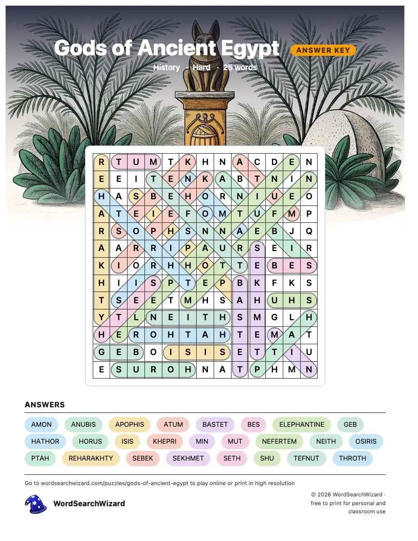 Gods of Ancient Egypt word search answer key, all 25 words marked