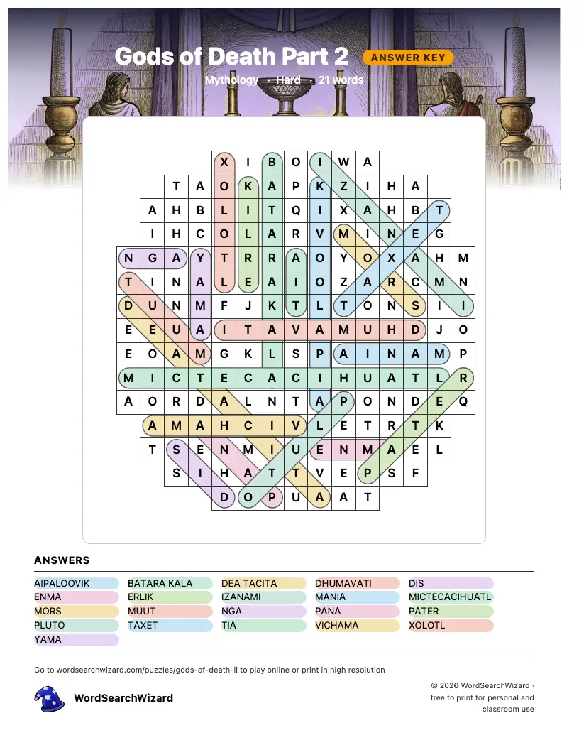 Gods of Death Part 2 word search answer key, all 21 words marked