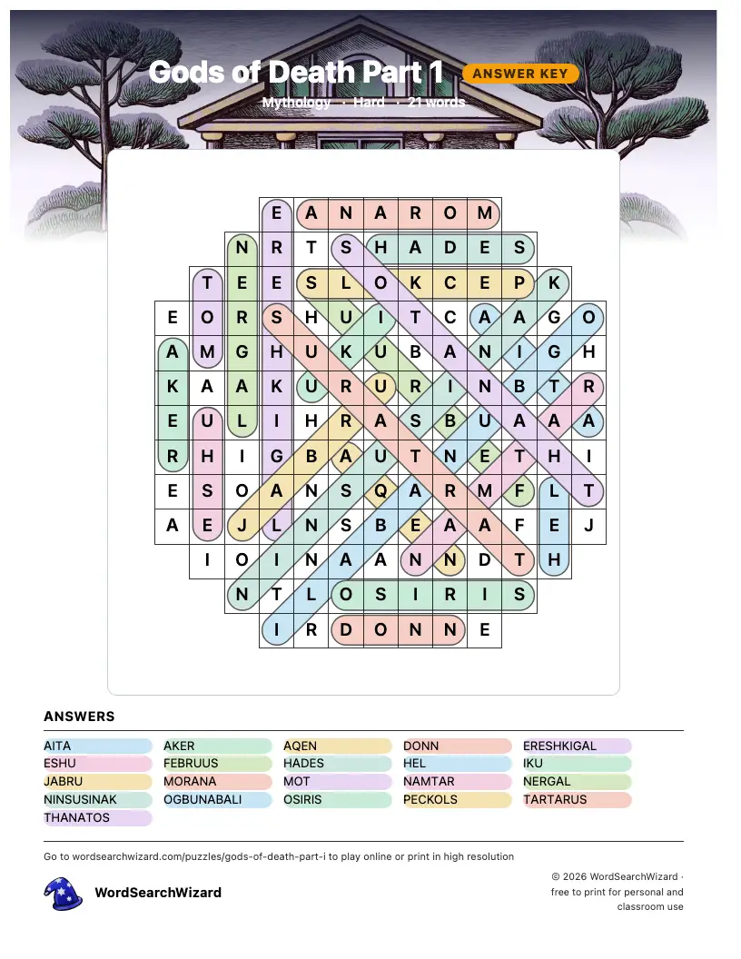 Gods of Death Part 1 word search answer key, all 21 words marked