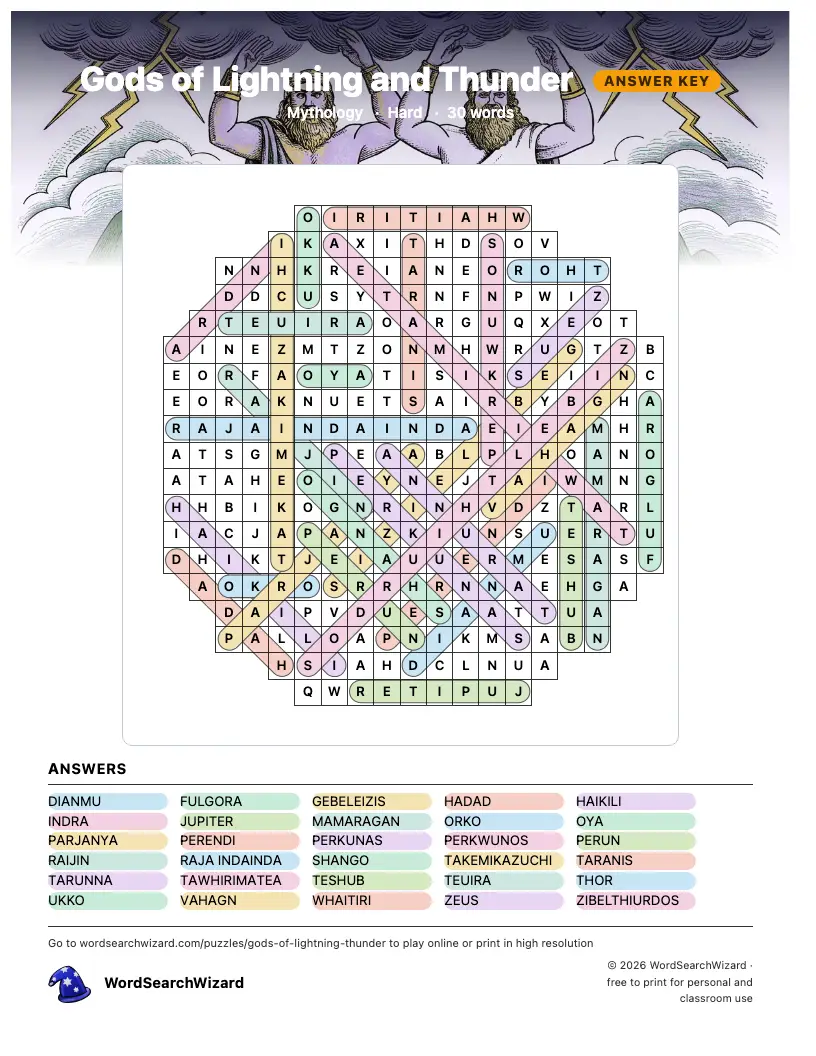 Gods of Lightning and Thunder word search answer key, all 30 words marked