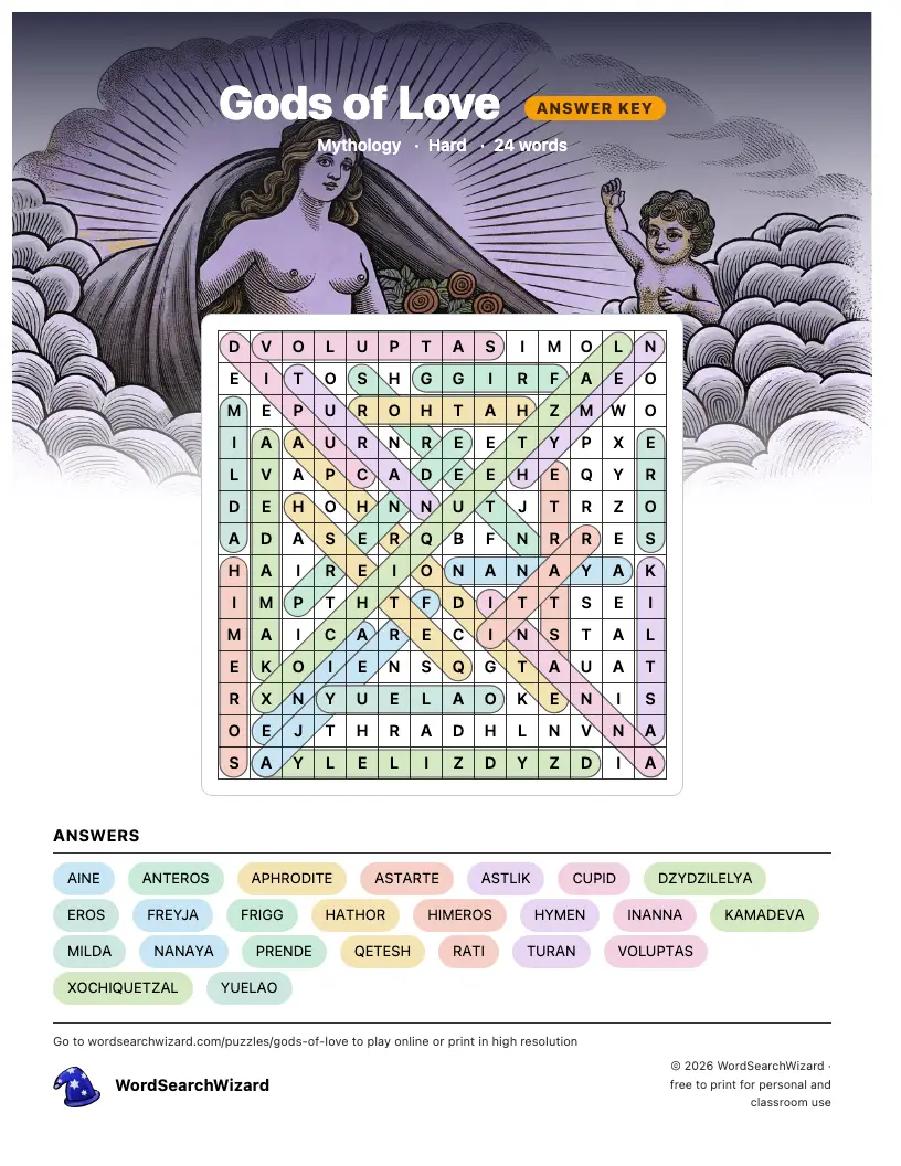 Gods of Love word search answer key, all 24 words marked