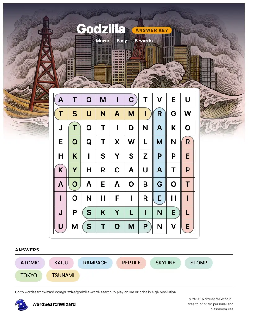 Godzilla word search answer key, all 8 words marked