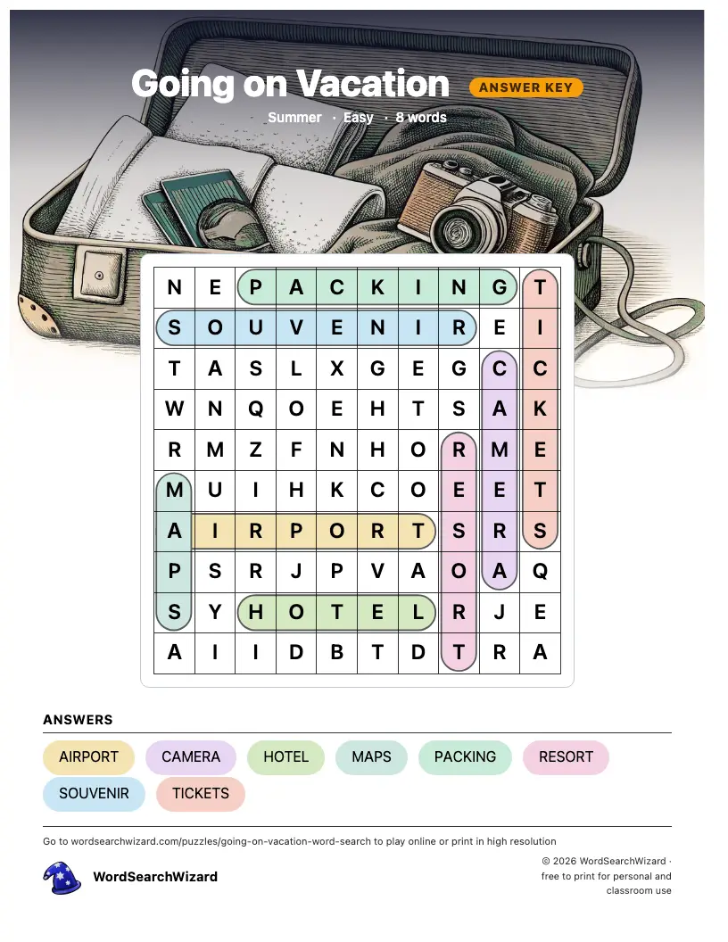 Going on Vacation word search answer key, all 8 words marked