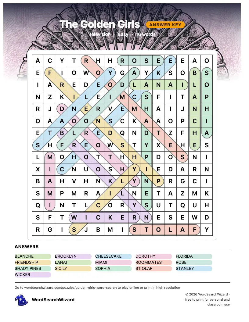 The Golden Girls word search answer key, all 16 words marked